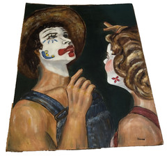 Vintage Arcade Clown & Woman Oil Painting On Canvas/ pasted on cardboard 16”x12”