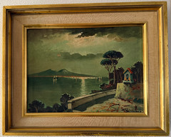 Antique Italian Oil Painting Bay of Naples Vesuvius Signed Gianni School Framed