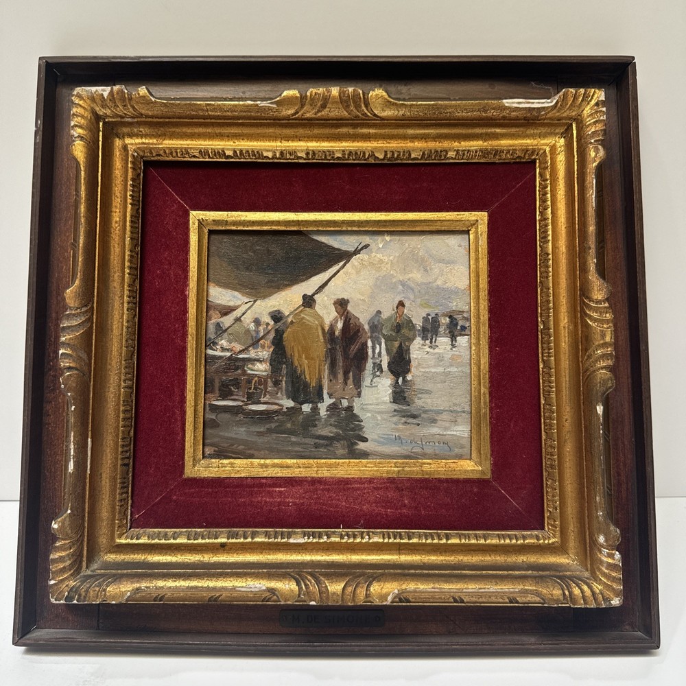 Antique Painting Impressionist Landscape Street Scene Market Vendors De Simone