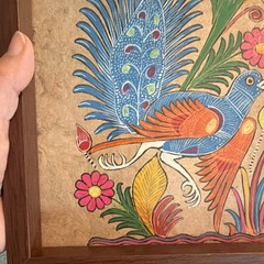 Vintage Framed Mexican Amate Bark Painting – Bird & Floral Folk Art