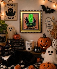 Black Cats Brewing Magic Potion Mini Oil Painting Framed Halloween Wall Art