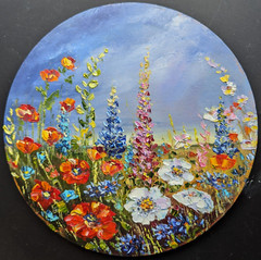 ORIGINAL OIL impasto Painting WILDFLOWERS Circle 10″x 10″ by Olga Diduh.