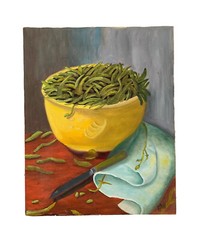 GREEN BEAN STILL LIFE OIL PAINTING VEGETABLE Vtg ORIGINAL SIGNED KITCHEN ART