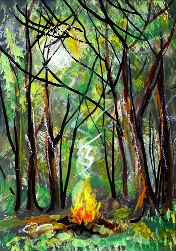 ORIGINAL ACEO Painting CAMPFIRE Fire TREES Woods Bonfire Camping Firepit ATC ART