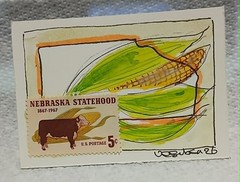 Postal Whimsy OOAK Nebraska Statehood 5¢ Stamp ACEO Corn Art by Virginia