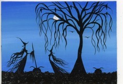 ACEO Original Acrylic Whimsical Witches Halloween Collectible Art Painting HYMES