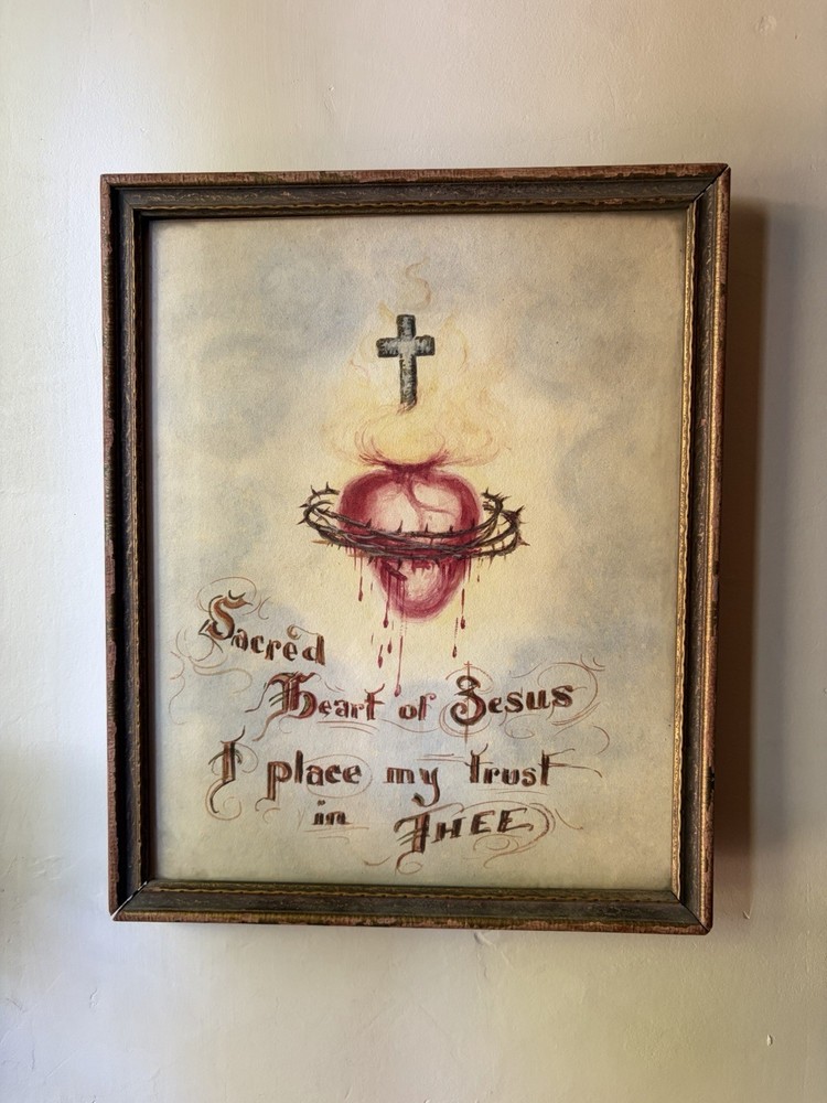 ANTIQUE FLAMING SACRED HEART FOLK ART Religious Framed Original Art, Painting!