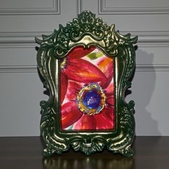Pink Sunflower floral mini print in vintage style green & gold ornate frame