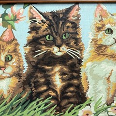 VTG Trio of Cats Kittens Acrylic Painting Scalloped Wood Frame 1999 Signed 15×12