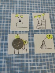 Yellow Flower Pot FLOWERS ART Original PAINTING SET OF 4 miniature small 1.5 IN