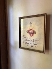 ANTIQUE FLAMING SACRED HEART FOLK ART Religious Framed Original Art, Painting!