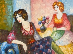 T. Denver Oil Painting of Two Women at a cafe unframed and Signed 16 x 20