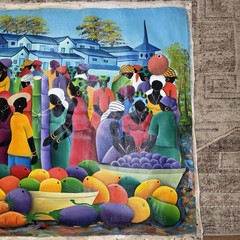 VTG Haitian Folk Art Naïve Style Market Scene Oil/Acrylic Painting Canvas Signed