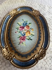 Italian Floral Oil Painting Oval Gold Gilt tray Signed Florence Made in Italy