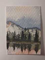 Small Landscape Watercolor Painting Mountains Trees Lake Reflection Unframed