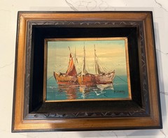 Vintage Paolo Stirrat Oil Painting Fishing Boats Nautical Signed Velvet Framed
