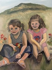 Original oil painting 11 x 14 in beautiful scene 2 little girls picking flowers