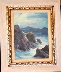 Oil on canvas rugged seacoast by California artist Robert Wee (1927 – 2021)