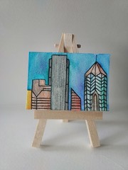 ACEO Original Illuminated Horizons #1 Cityscape Buildings Watercolor, Small