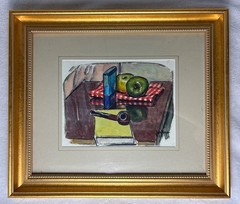 JUSTIN FAIVRE Abstract Still Life Watercolor Painting Framed MCM 1957