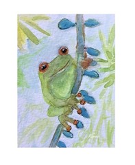 ACEO By Kenna Gouache Painting Green Tree Frog 2.5” X 3.5” Signed Original ÀTC
