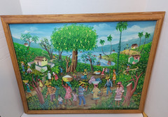 «PIERRE» HAITIAN ARTIST LARGE 1979 FOLK ART VILLAGE SCENE PAINTING