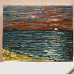Shoreline SUNSET beach sea 8×10 vintage oil painting canvas signed by CROWELL