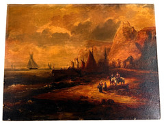 Antique c.1890s Dutch Revival Harbor Scene Oil Painting on Board UNSIGNED