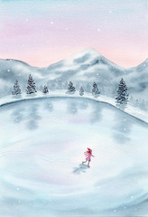 10×7 ORIGINAL Watercolor Painting Snowy Ice Skating Signed CALMLY CREATE