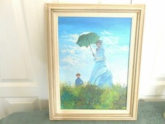 OIL PAINTING OF WOMAN WITH UMBRELLA & CHILD IN MEADOW-UNSIGNED–15 1/2″ X 19 1/2