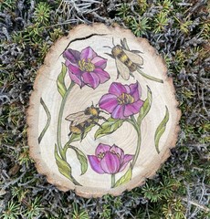 Wood Burned floral bees CalicoCallieInk Garden original painting flowers nature