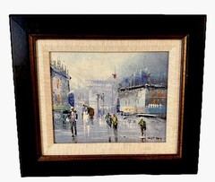 Original Oil Painting Rainy Paris France Impressionist Scene Purple Blue Framed