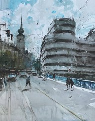 ORIGINAL PAINTING WATERCOLOR BRNO CITY SCAPE STREETS CAR URBAN MODERN 30″x 22″in