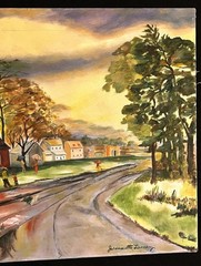 Vintage Rural Church Oil Painting Landscape Homes People Trees Jeannette Lemay