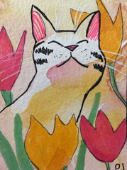ACEO watercolor art by PJ, art card 2.5 x 3.5: cat among flowers.