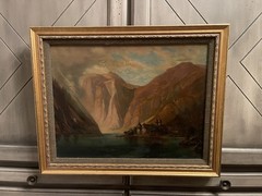 Antique Victorian 19thC German Landscape Oil On Canvas Painting – Alpine Lake