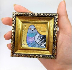 Funny Pigeon Oil Painting, Miniature Desk Art, Handmade Wall Deor 2 by 2 in