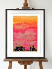 Castle In The Clouds Expressionist Original Watercolor 5×7 On Matte Paper Signed