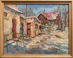 Oil painting Snowy yard Ukrainian painter Canvas Framed original winterscape