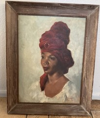 Herschell Sanders Oil Painting – Woman in Red Turban – Framed 1900-1950