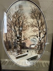 Antique Folk Art Winter Landscape Painting Framed Dated 1916 Grace Barnes Dixon