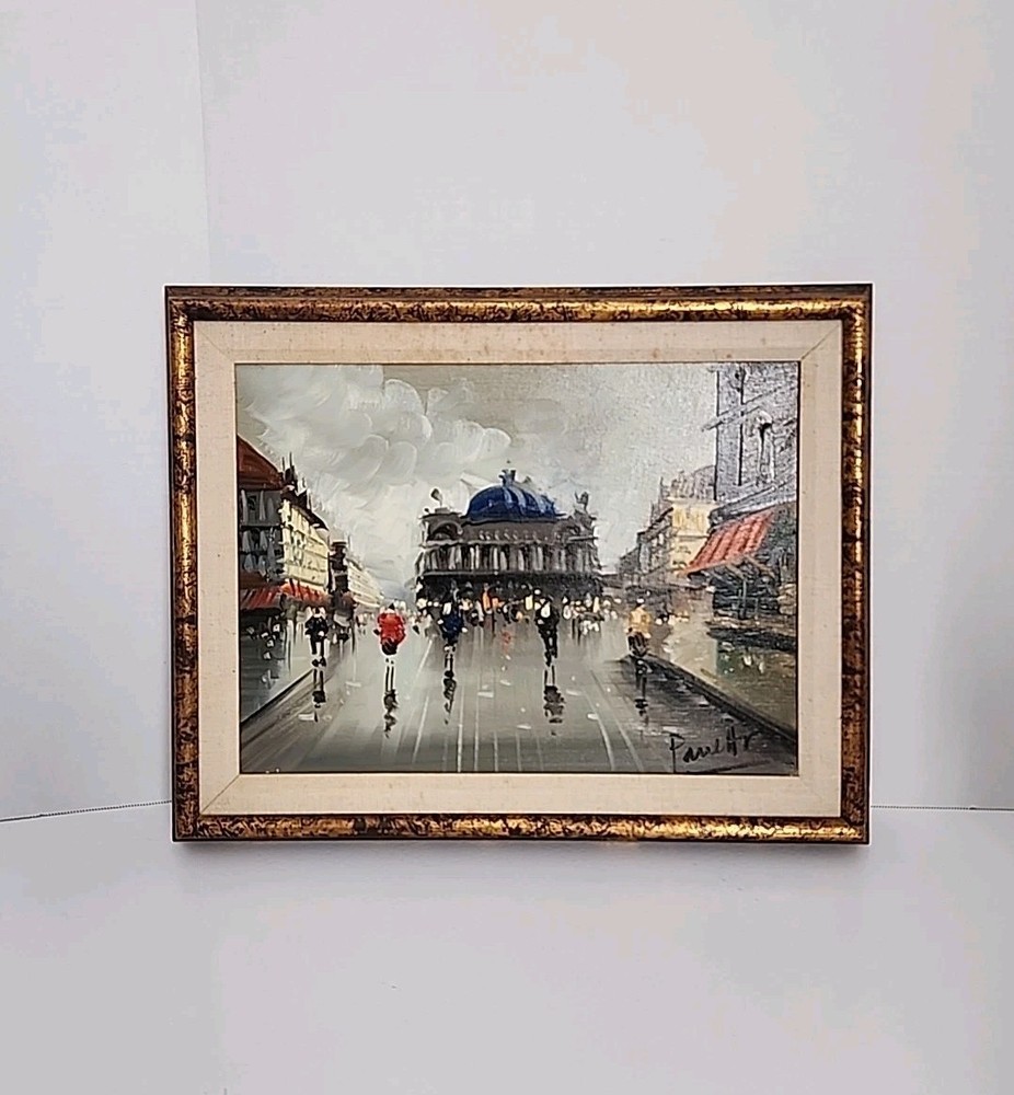 Vintage street scene oil Painting On Canvas Wood Framed Signed 19.5″ X15.5″ RARE