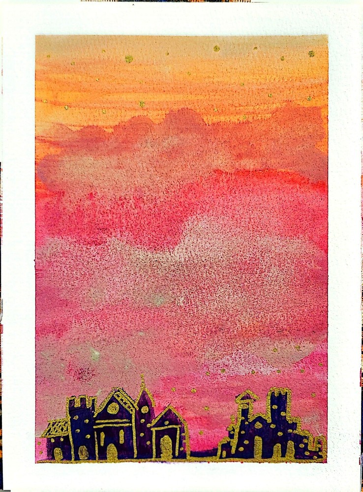 Castle In The Clouds Expressionist Original Watercolor 5×7 On Matte Paper Signed