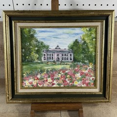 Vintage Belgian Acrylic On Canvas Impressionist Garden Chateau Signed Framed