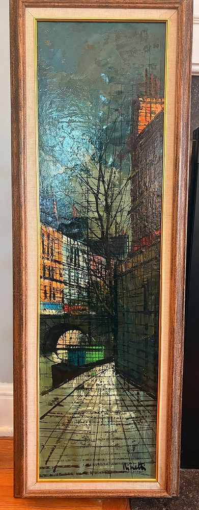 Orig Antonio Ninetti Mid Century Street Scene Oil on Canvas 10in W x 36in L