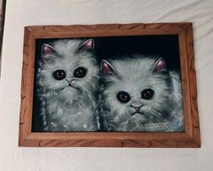 VTG Black Velvet Cat Painting Signed Big Eyes White Fluffy Persian 20×14 Kitsch