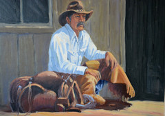 A rodeo cowboy in oil by Texas & New Mexico artist Randy Follis (1939 – 2024)