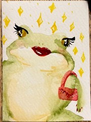 ACEO PRINT “Who, me?” Fabulous Frog Body Posi+ Lady Watercolor Painting 3.5×2.5
