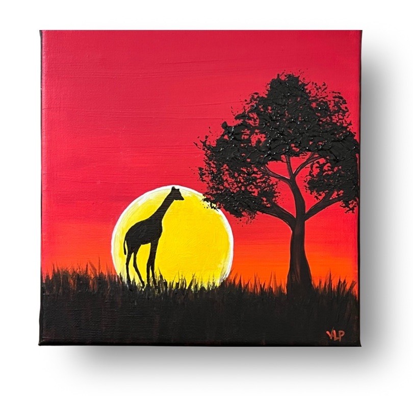 Giraffe Sunset Savanna Africa Impressionist Art Acrylic 8×8” Canvas VLP Original