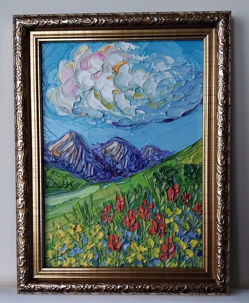 Framed Rocky Mountain Red Flowers Landscape 5×7” Impasto Oil Painting Original